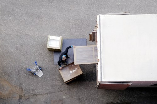 Moving truck outside a Norwegian apartment building