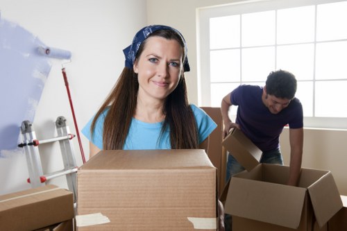 Packed office furniture and equipment ready for transport