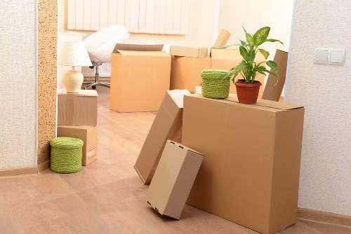 Fragile belongings and labeled moving boxes ready for transport